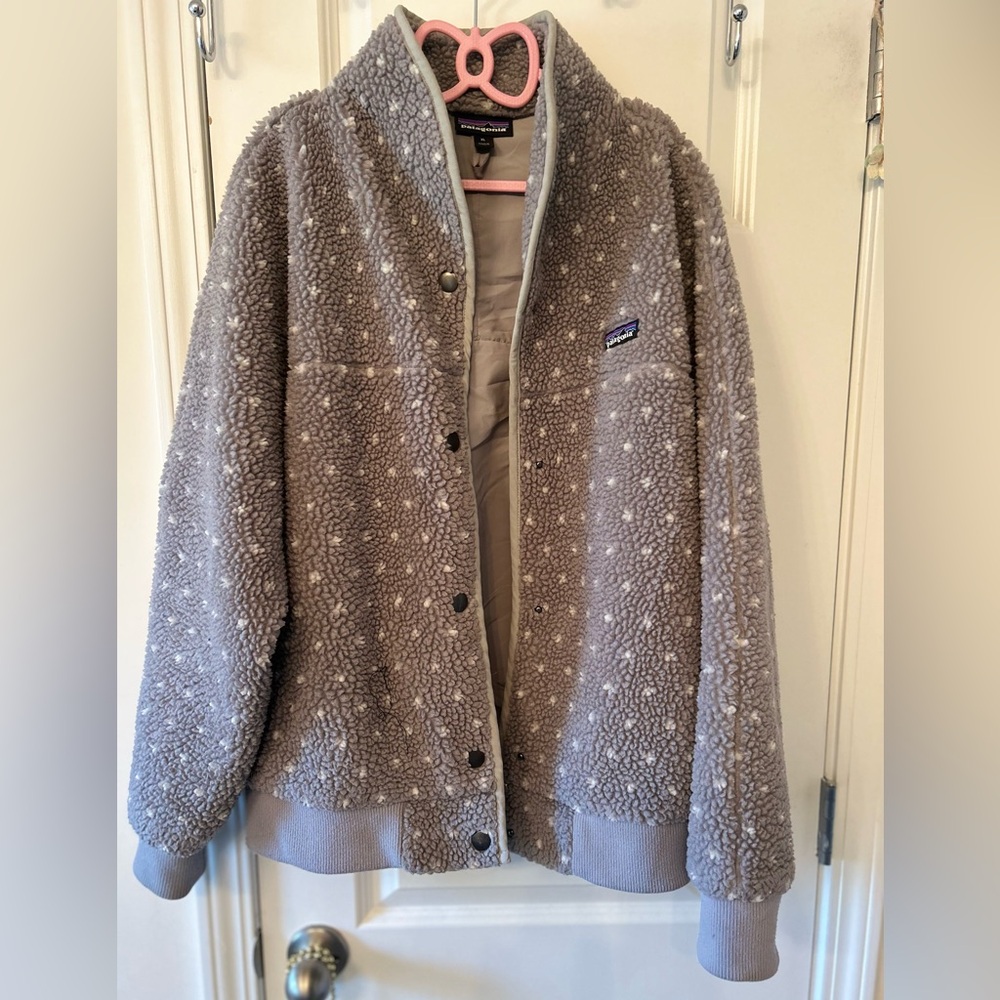 Patagonia Grey and White Fleece Polkadot Bomber Jacket XL